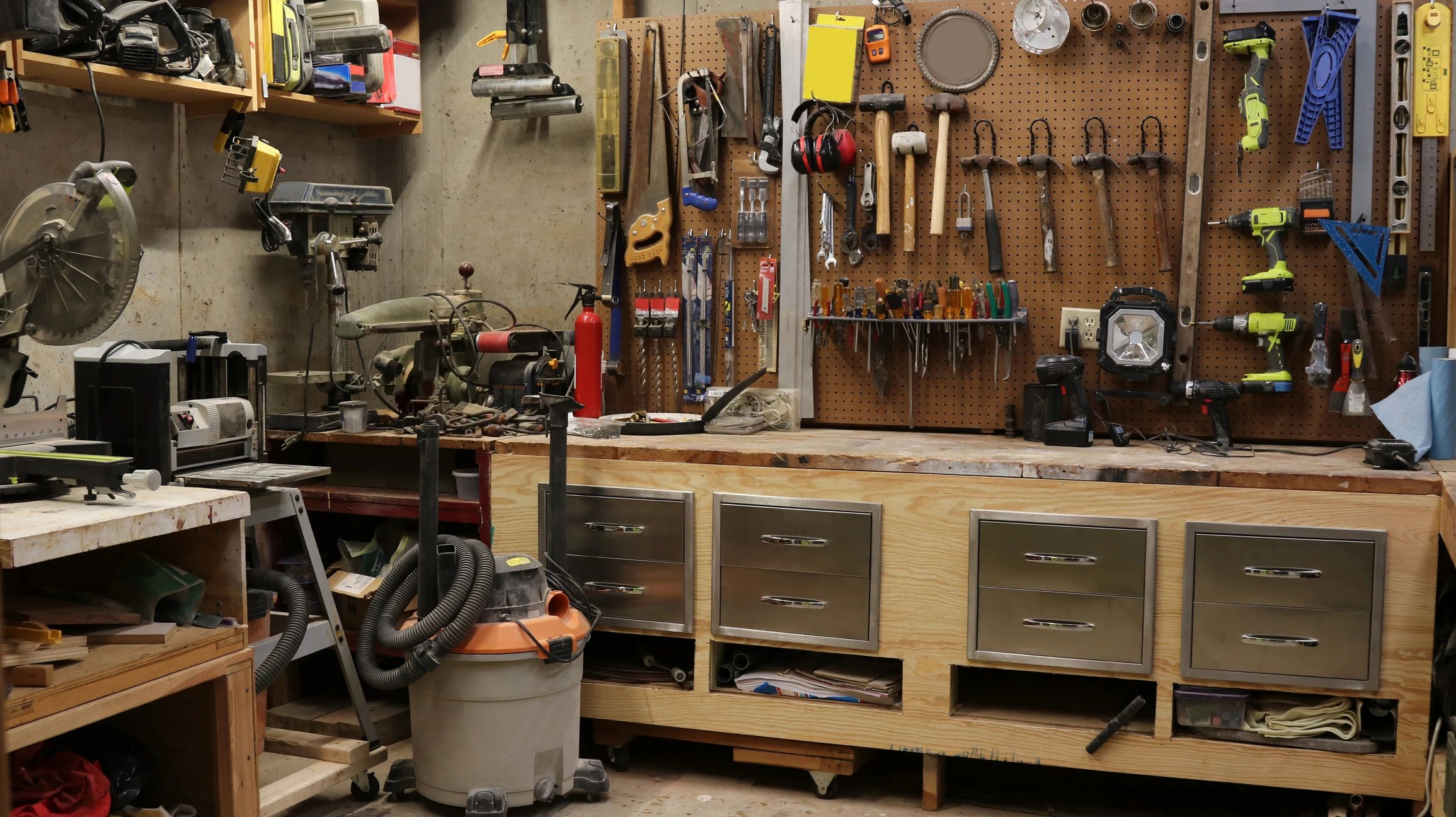 Workshop tools and equipment displayed in an industrial workspace